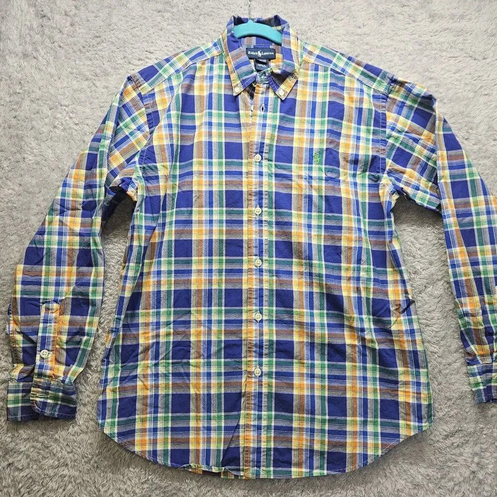 Ralph Lauren Boys Blue Orange Plaid Shirt Size 16/18 Button Down Longsleeve Prep